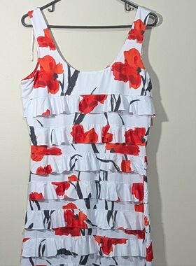 Tango Mango Floral Ruffle Dress Small White Red Poppy Sleeveless Stretch Midi